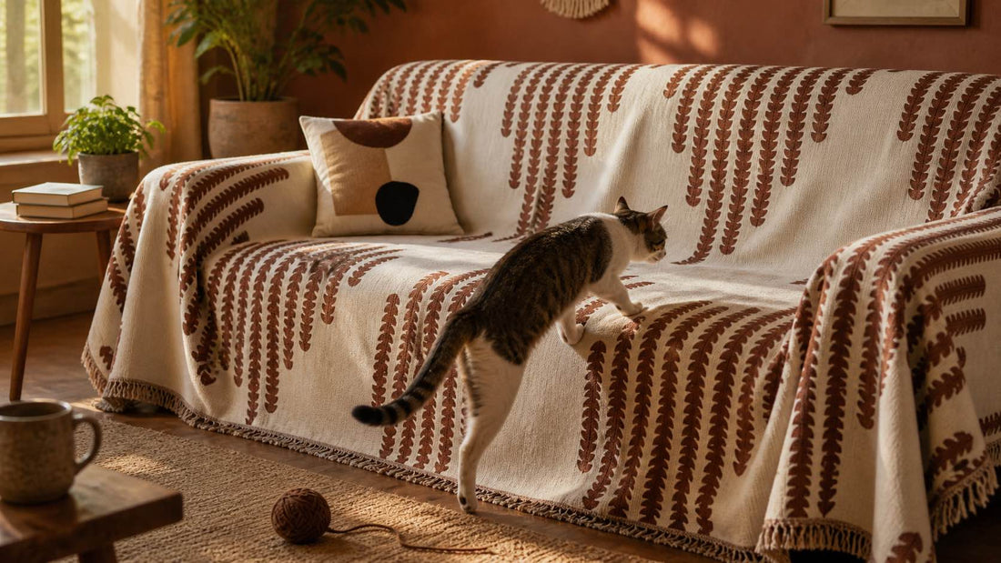 Brown Fern Curve couch blanket fully draped over a sofa with fringe on all four sides, a tabby cat mid-step onto the cushion in a warm, lived-in living room