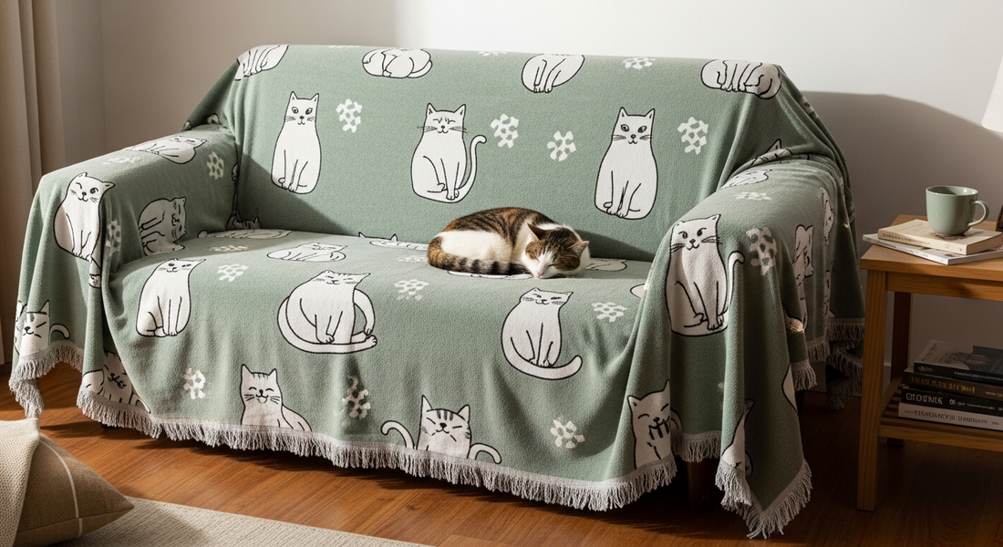 A relaxed calico cat curled napping on a small loveseat completely draped with a sage-green SofaHug Whimsical Cat Couch Blanket, the fringe visible on all sides, warm side-window daylight, lived-in wooden side table.