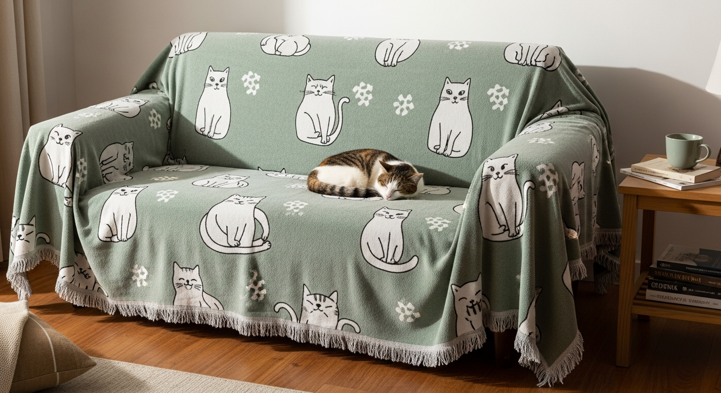 A relaxed calico cat curled napping on a small loveseat completely draped with a sage-green SofaHug Whimsical Cat Couch Blanket, the fringe visible on all sides, warm side-window daylight, lived-in wooden side table.