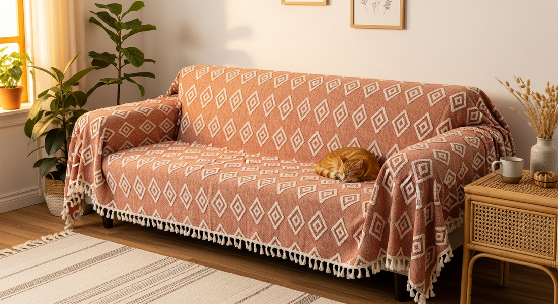 A warm boho living room with a fabric sofa fully draped in a SofaHug Bohemian Chenille Couch Blanket in terracotta-orange-and-cream diamond pattern, fringe edge on all four sides, an orange tabby cat curled napping, rattan side table, indoor plant.