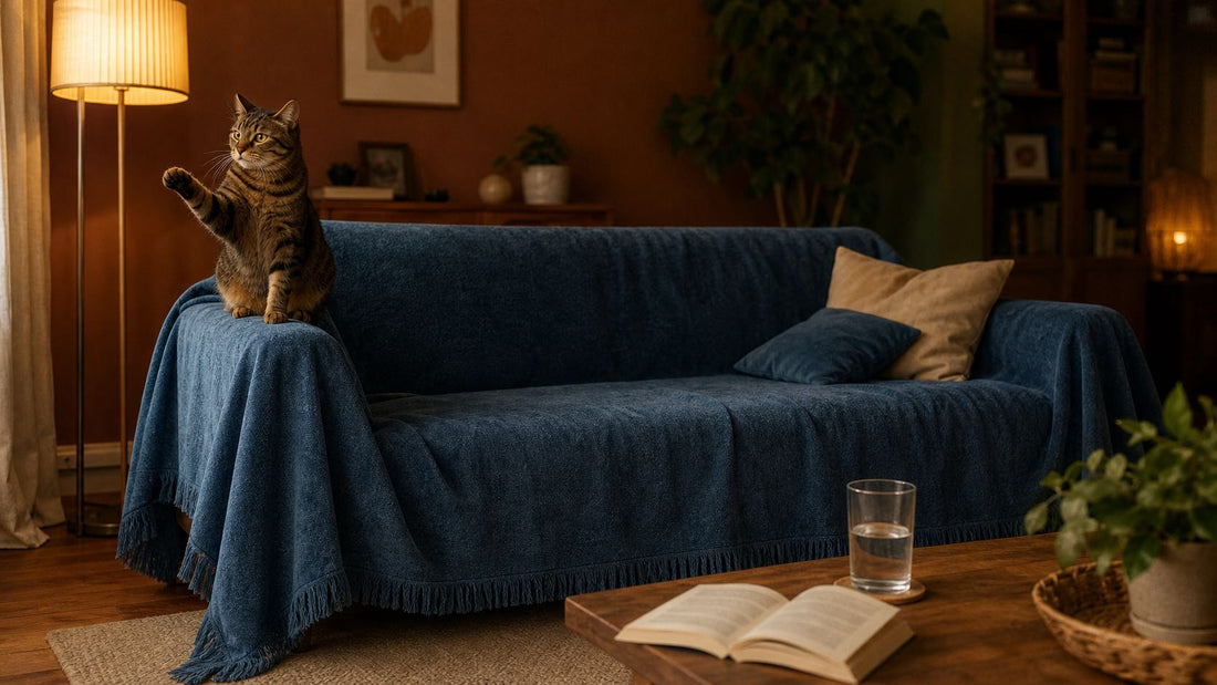 Dark Blue Waterproof Chenille couch blanket fully draped over a sofa — back, seat, and both arms wrapped with fringe on all four sides — a tabby cat mid-stretch on the arm in a warm, lived-in living room