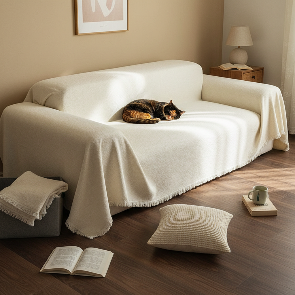 SofaHug LuxeGuard Waterproof Couch Blanket in cream draped over a sofa in a calm bedroom — fringe visible — a tortoiseshell cat curled napping peacefully, half-folded laundry basket and book on the floor, late afternoon warm directional lig