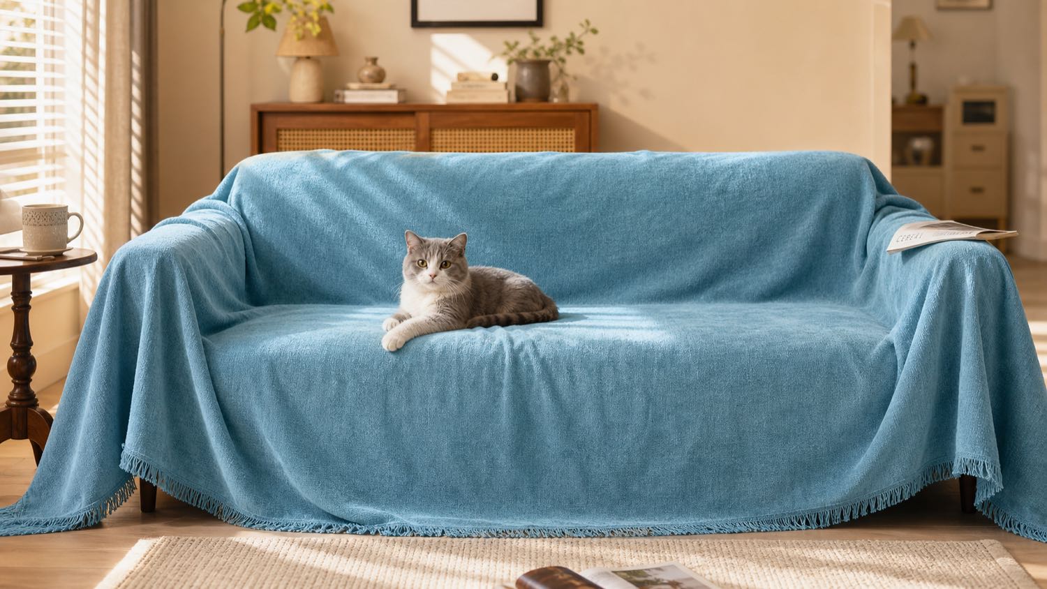 Light Blue Waterproof Chenille couch blanket draped fully over a sofa — back, seat, and both arms covered, fringe visible along the front and sides — a calm grey cat resting on the seat in a bright, airy living room