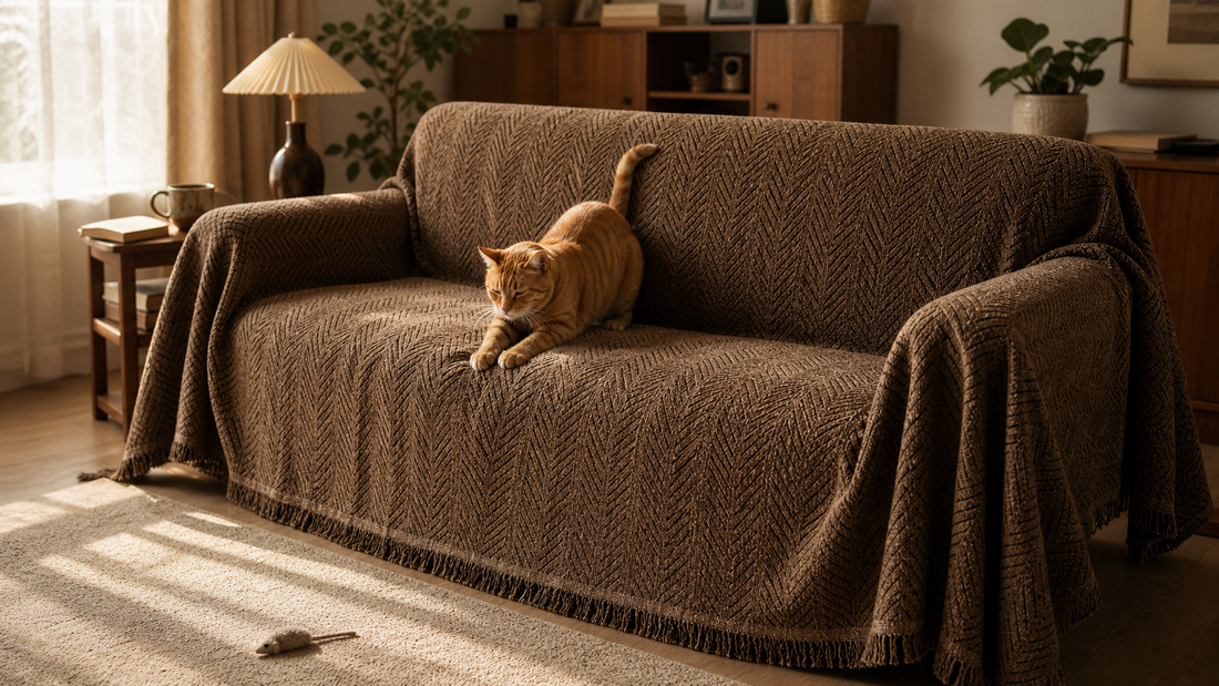 Chocolate-brown Fishbone Chenille couch blanket fully draped over a sofa with both arms wrapped and fringe on all four sides, an orange tabby cat on the seat cushion, warm lamp-lit living room