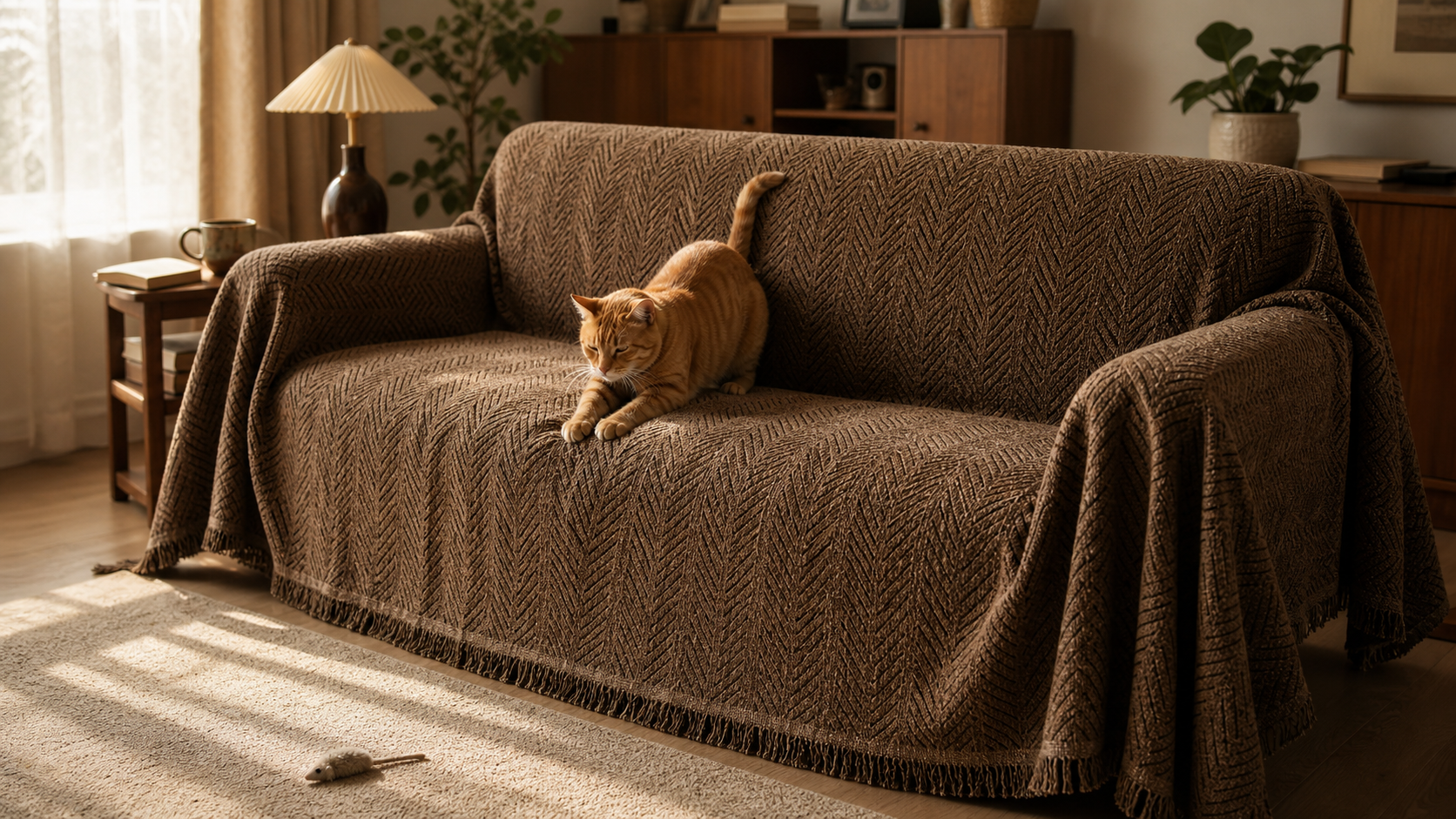 Chocolate-brown Fishbone Chenille couch blanket fully draped over a sofa with both arms wrapped and fringe on all four sides, an orange tabby cat on the seat cushion, warm lamp-lit living room