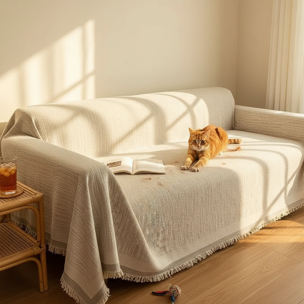 SofaHug All-Season Sofa Blanket in light cream draped over the full sofa with the fringe edge visible — an orange tabby cat mid-stretch on the seat, warm summer morning light and soft shadows, a glass of iced tea on a rattan side table.