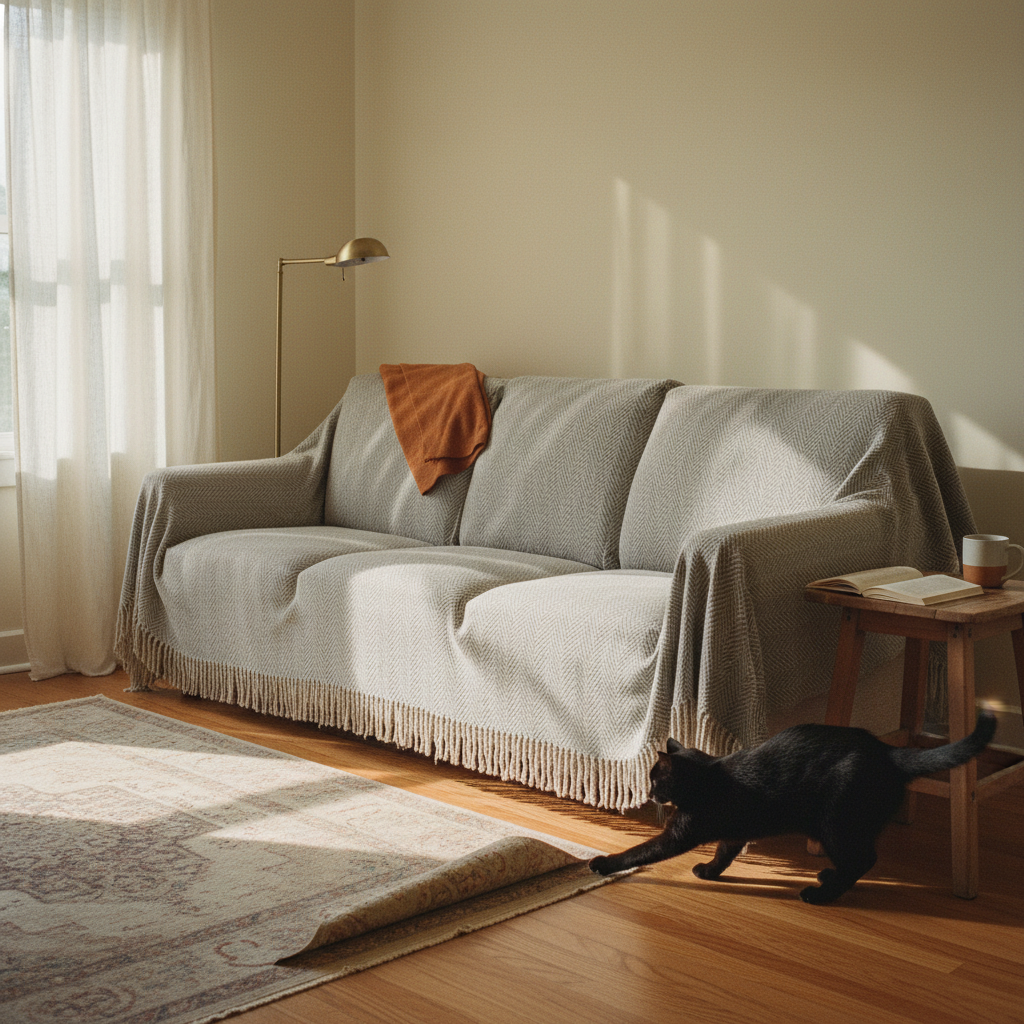 Wide cozy living room view of a fabric 3-seater sofa fully draped with a Light Grey Herringbone chenille throw — both arms wrapped, fringe edge visible — a black tuxedo cat mid-step in front of the sofa, brass floor lamp, rust orange throw 