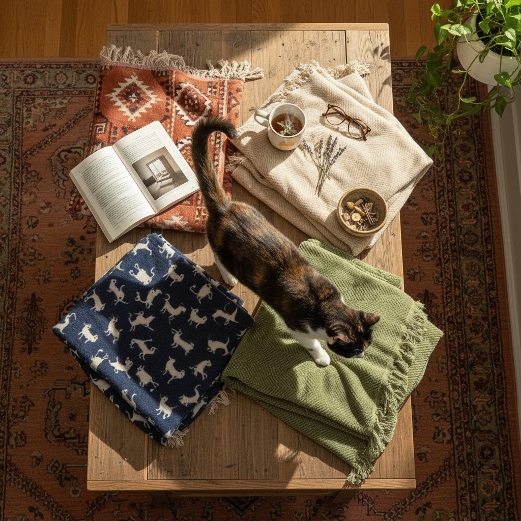 Top-down overhead view of a wooden coffee table with four folded SofaHug chenille throws in different patterns — bohemian terracotta, cream stripe, navy cat-illustration, sage geometric — a tortoiseshell cat mid-step across, open book, cera