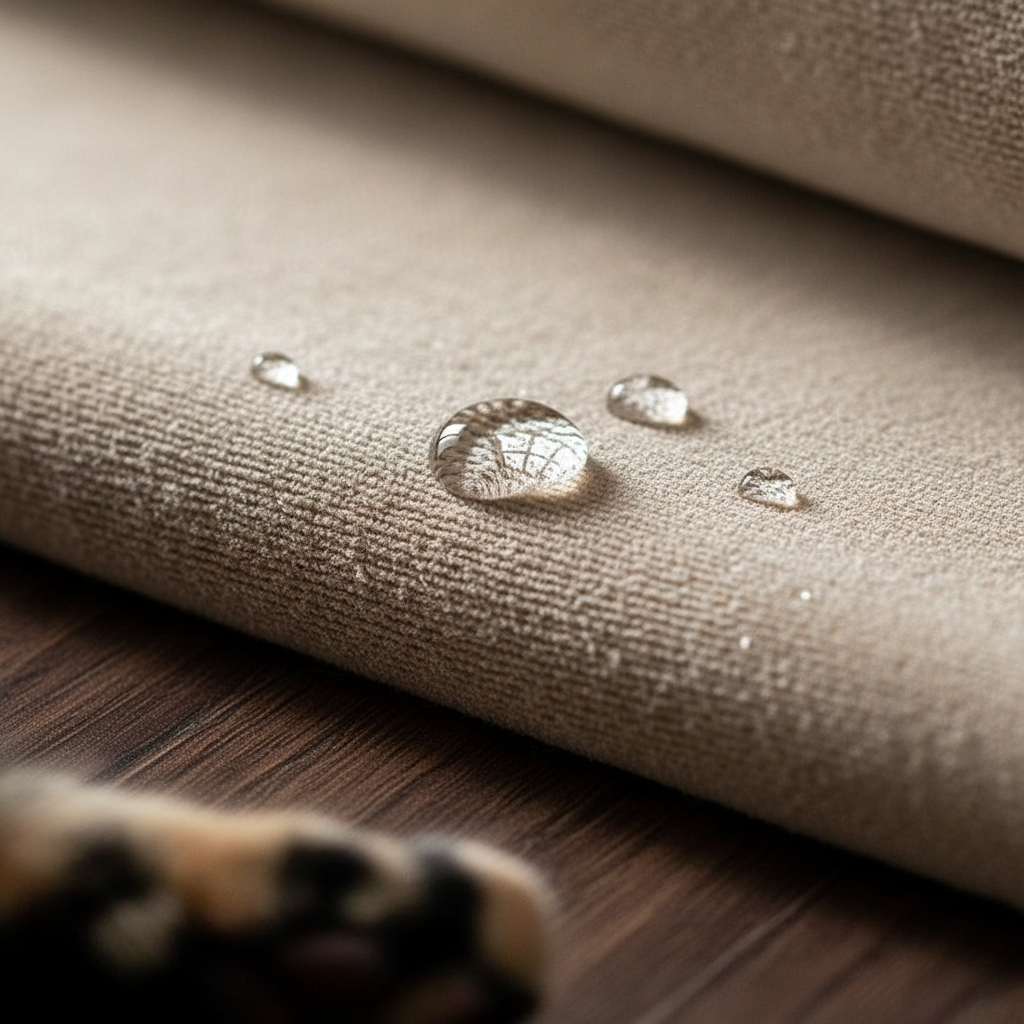 Dramatic close-up macro of water droplets beading on top of a cream-sand SofaHug Waterproof Chenille throw — refracted light through central bead, dark walnut floor visible at bottom-left with a tortoiseshell cat paw partly in frame, moody 