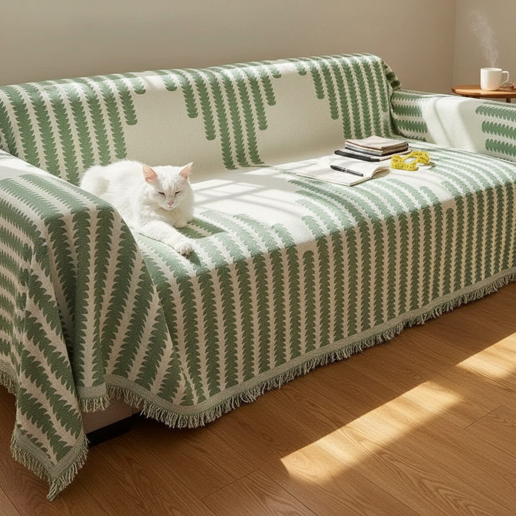 A fabric sofa fully draped with the SofaHug Fern Curve Couch Blanket — sage-green-and-cream botanical pattern visible across the cover, both arms wrapped, fringe visible — a white longhaired cat curled on the left cushion, side table with s