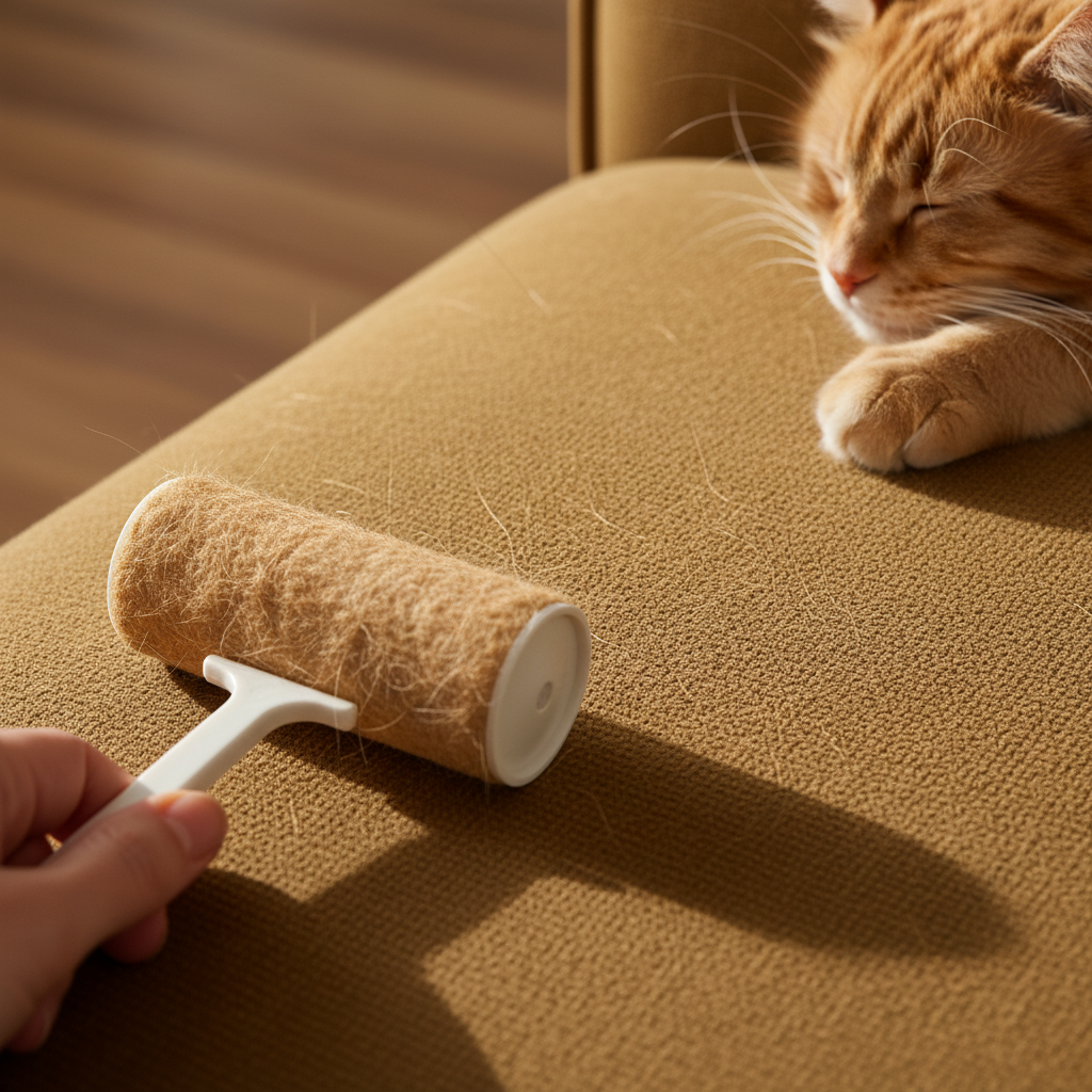 Close-up macro of a SofaHug All-Season Sofa Blanket — smooth warm caramel chenille texture — a human hand holding a white lint roller mid-roll collecting visible cat fur, a long-haired ginger tabby cat napping in upper right with whiskers s
