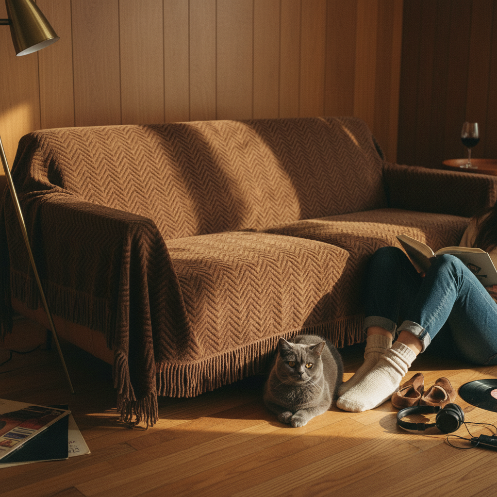 Mid-century interior — a chocolate-brown SofaHug Fishbone Chenille Sofa Blanket fully draped over a leather sofa with diagonal fishbone arrow pattern visible, fringe edge hanging, a grey British Shorthair cat sitting on wood floor next to a