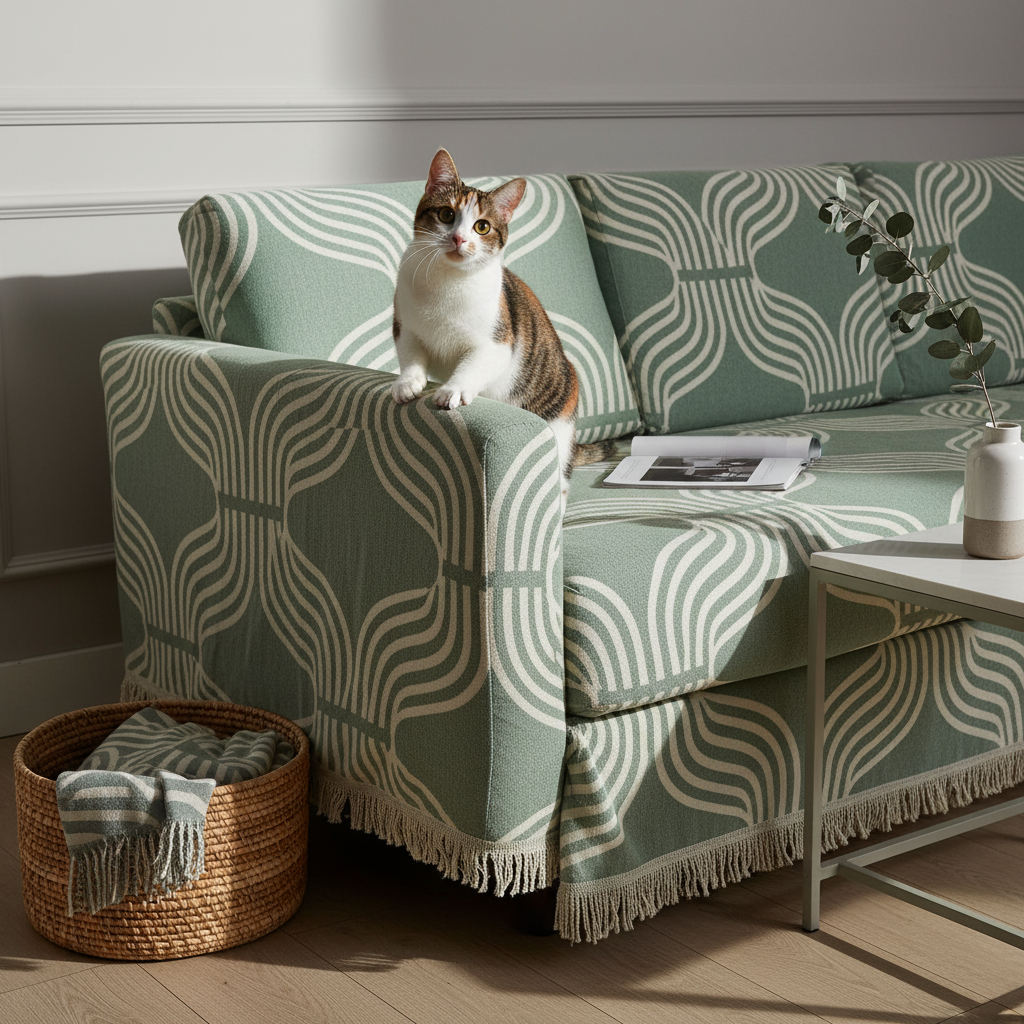 A fabric sofa fully draped with the SofaHug Geometric Wave Couch Blanket — bold undulating wave pattern in sage-and-cream clearly visible, both arms fully wrapped, fringe edge visible — a tortoiseshell-and-white cat mid-action on the left a