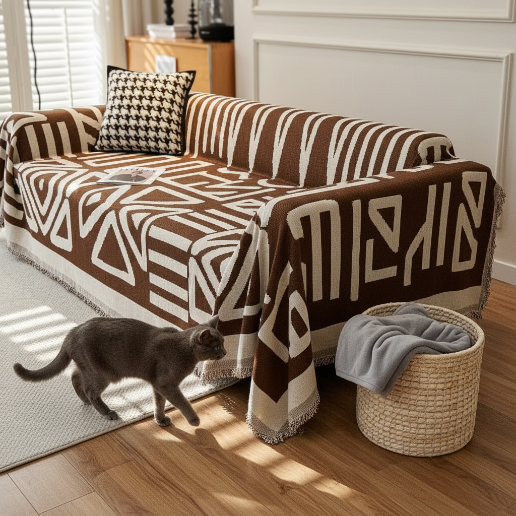 A SofaHug Geometric Chenille Couch Blanket in a bold brown-and-cream pattern freshly draped over the full sofa with the fringe visible — a grey cat mid-step investigating the clean cover, a woven laundry basket beside it, bright directional window light.