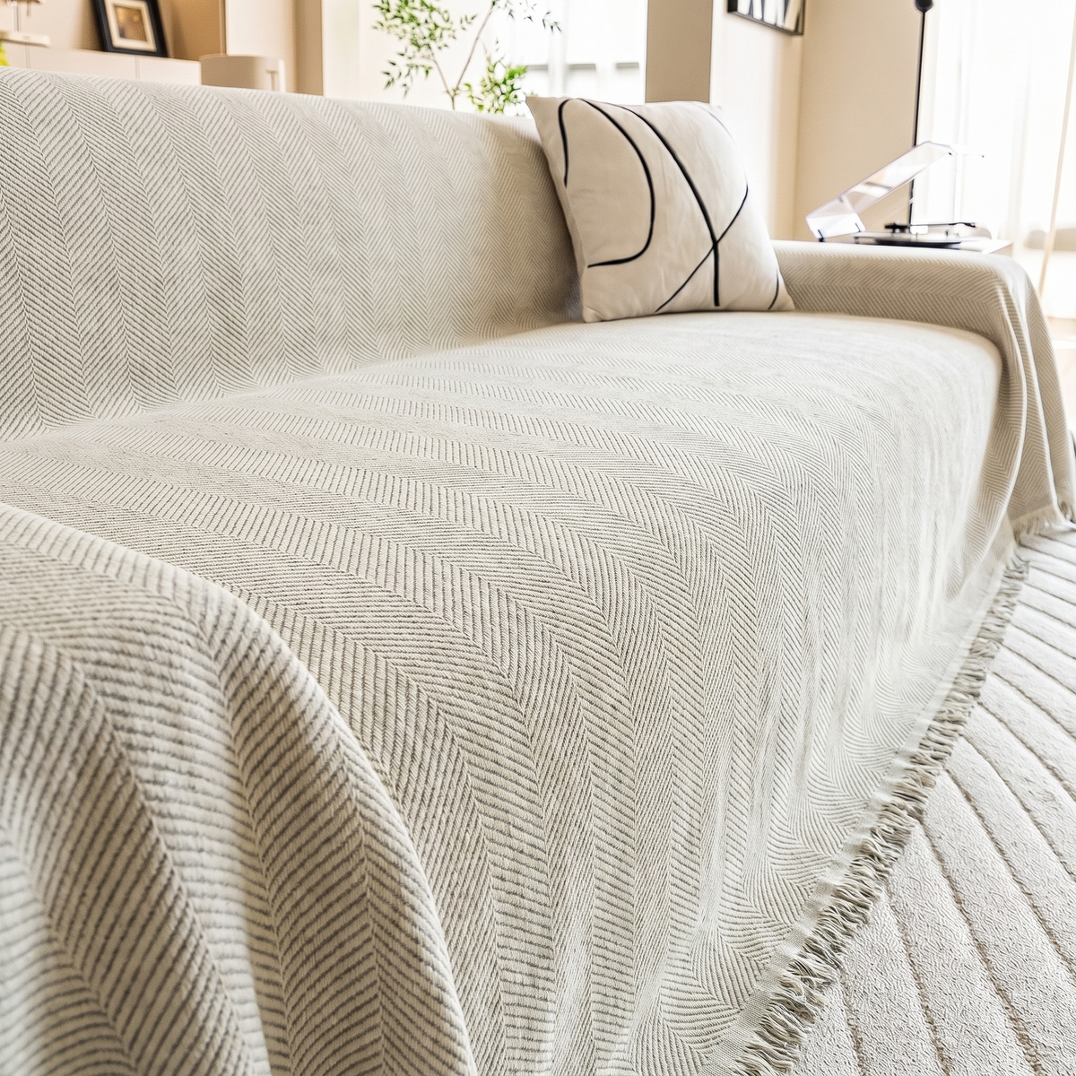 Herringbone Chenille Couch Blanket in Beige