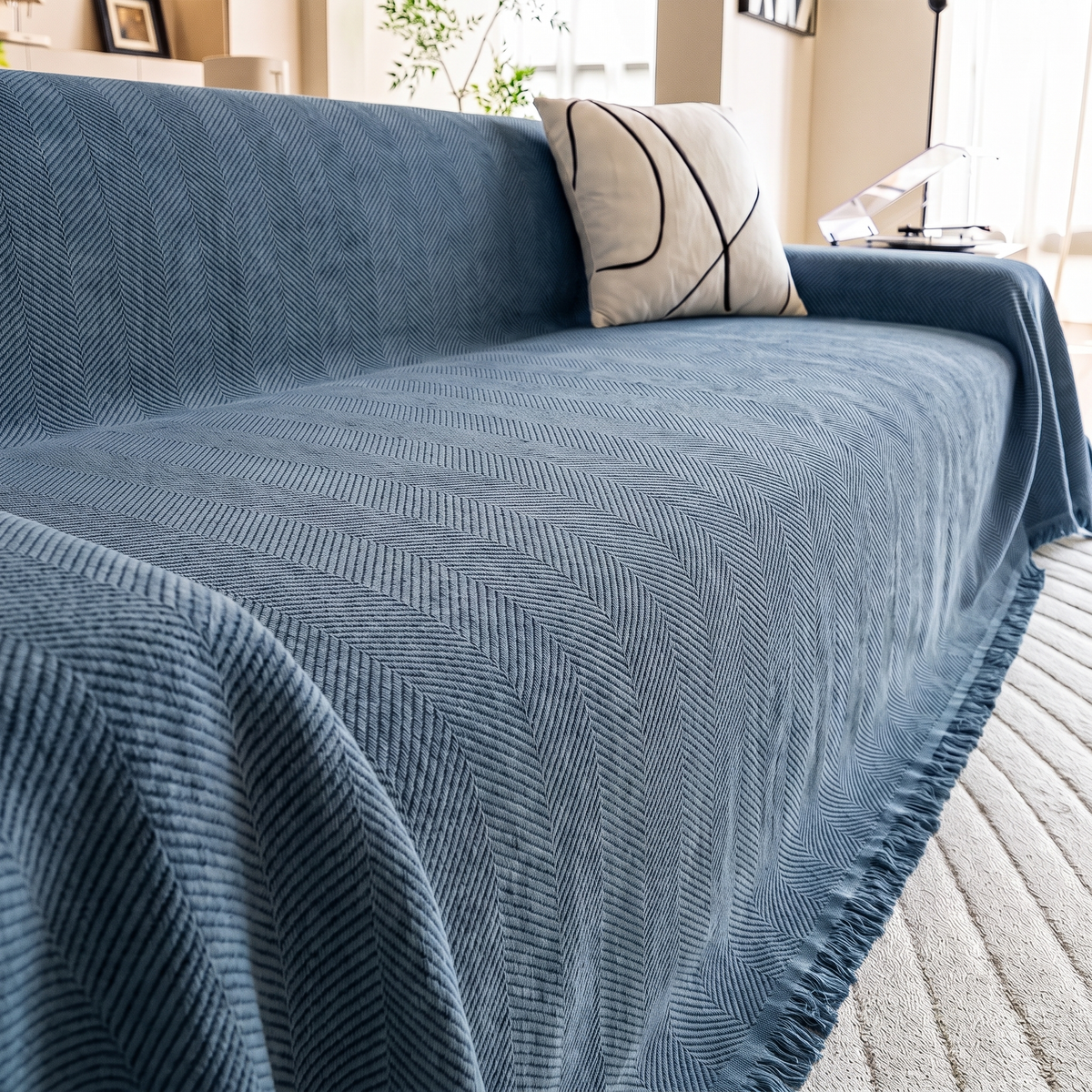 Herringbone Chenille Couch Blanket in Blue