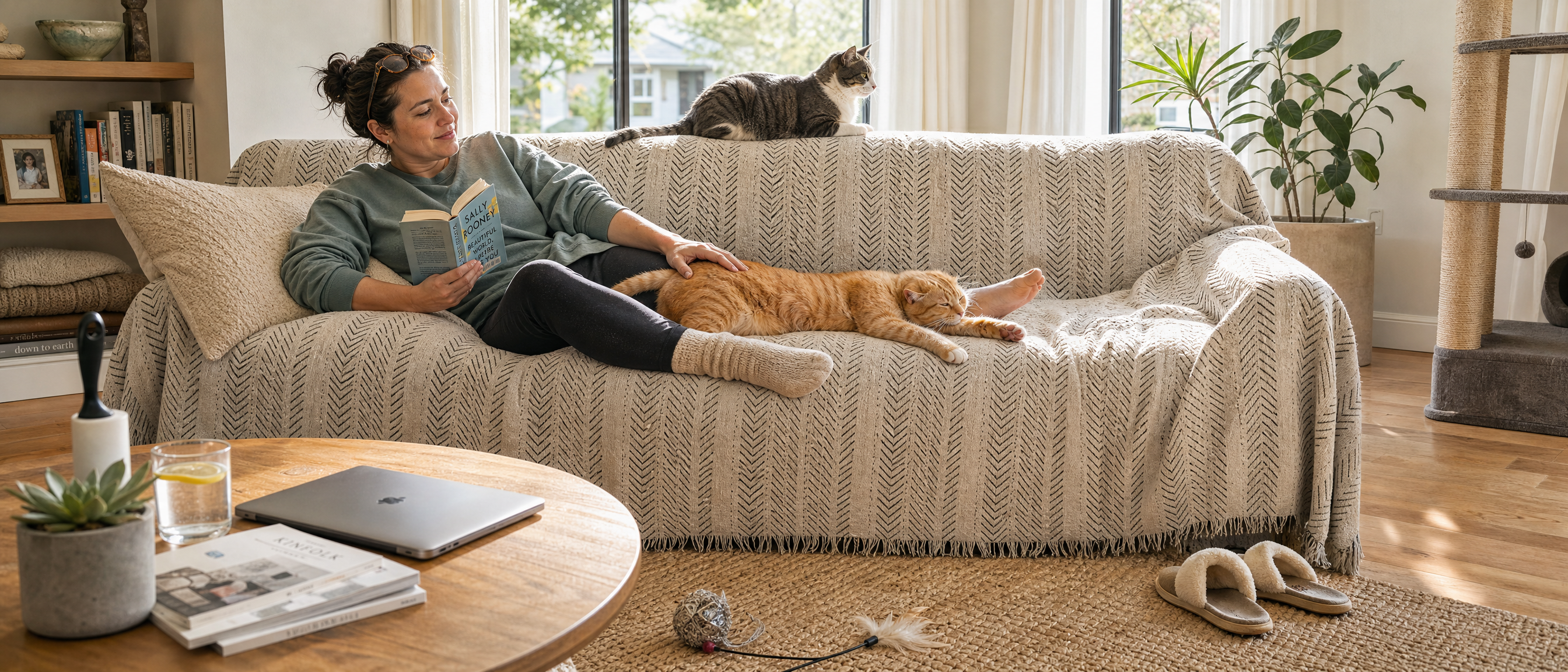 Woman sitting on a couch with a cat and dog, surrounded by home decor in a living room.