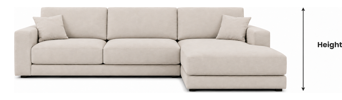 L-Shape · 2 seat sofa with measurement guide